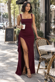 Robe longue bordeaux à décolleté carré, dos échancré et fente haute côté | Photo lifestyle | Lounelle Paris