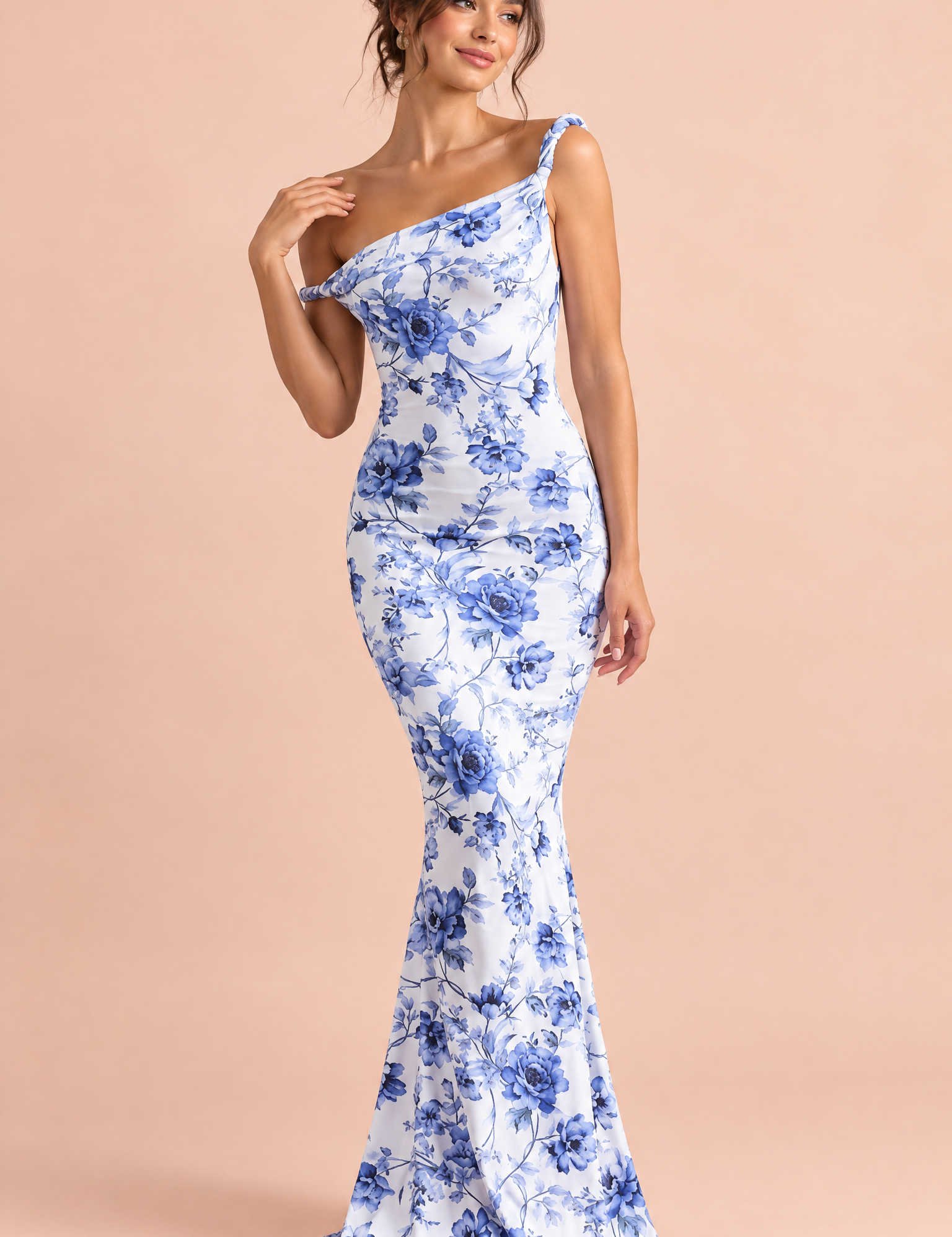 Robe longue asymétrique torsadée bleue | Vue de face | Lounelle Paris