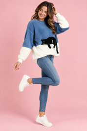 Pull oversize bleu à motif chat | Vue de dos | Lounelle Paris
