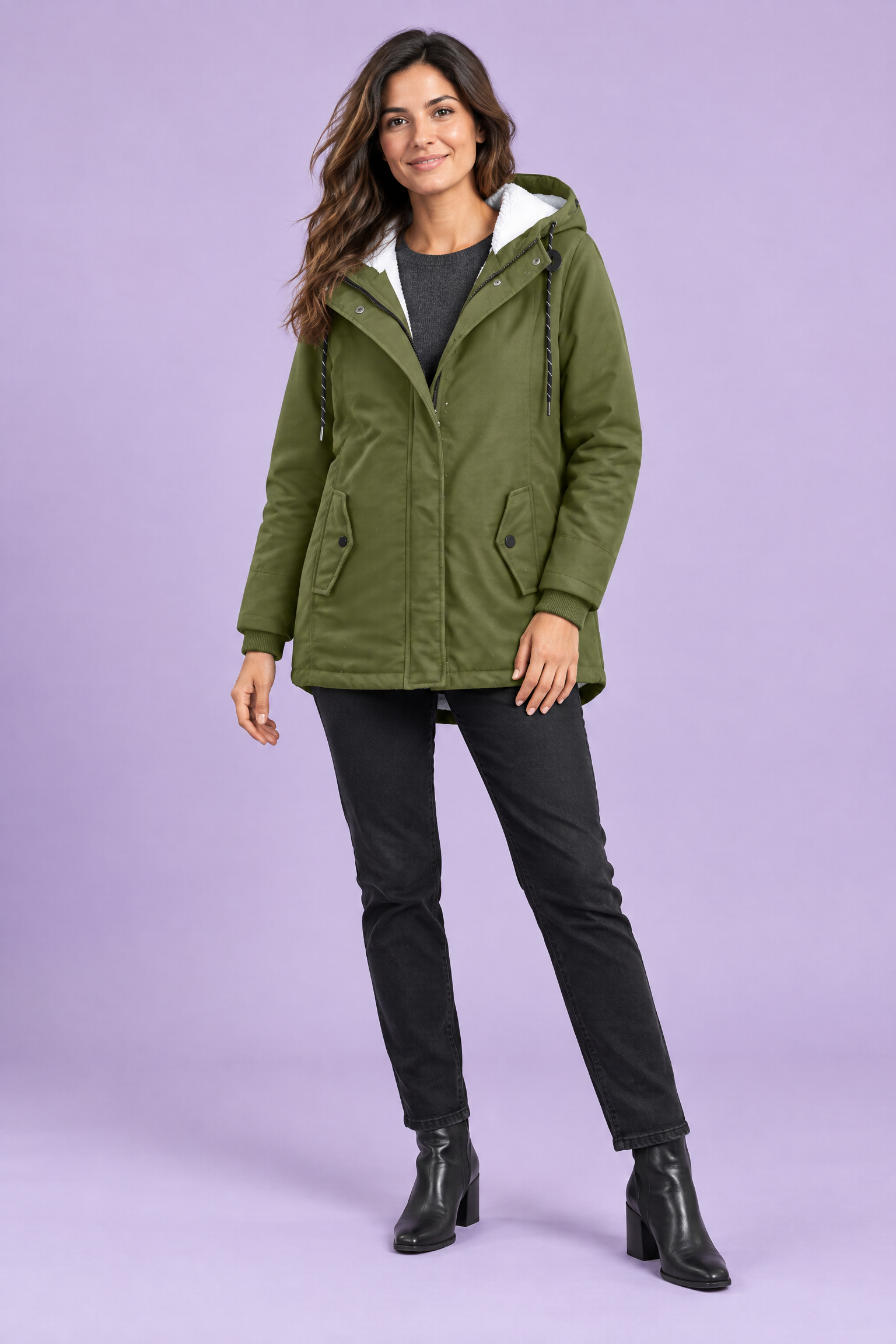 Parka kaki oversize à capuche | Vue de face | Lounelle Paris