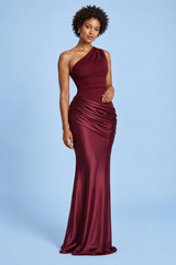 Burgundy Asymmetric Maxi Dress With Ruching