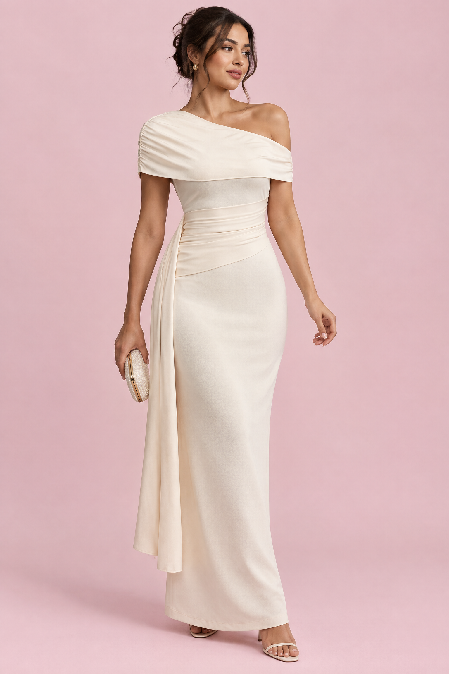 Robe midi asymétrique écrue drapée | Vue de face | Lounelle Paris