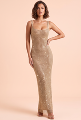 Gold Square-Neck Sparkle Maxi Dress