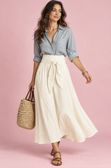 Shirt and Off White Tie-Waist Skirt Set