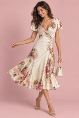 Ivory Floral Ruched V-Neck Midi Dress