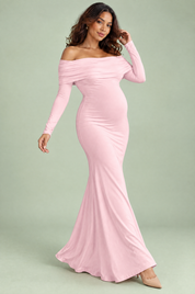 Robe longue de grossesse rose en résille froncée à col Bardot | Vue en mouvement | Lounelle Paris