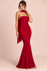 Red Strapless Bandeau Fishtail Maxi Dress