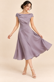 Robe trapèze violet jacinthe midi | Vue en mouvement | Lounelle Paris