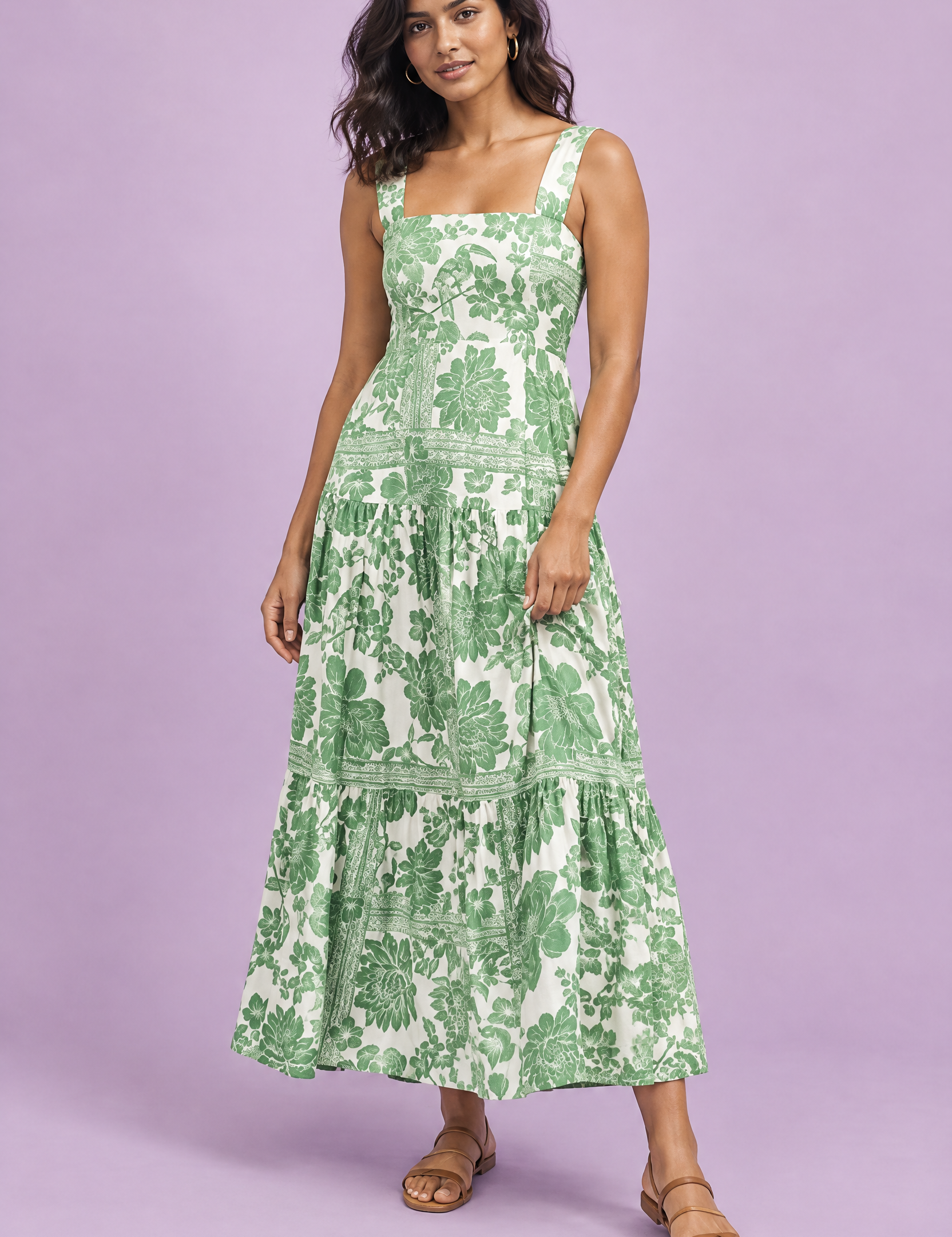 Robe midi verte à imprimé porcelaine et encolure carrée | Vue de face | Lounelle Paris