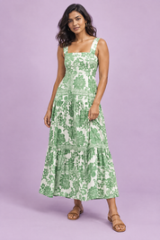 Robe midi verte à imprimé porcelaine et encolure carrée | Vue de face | Lounelle Paris