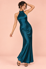 Robe longue vert paon à encolure asymétrique | Vue en mouvement | Lounelle Paris