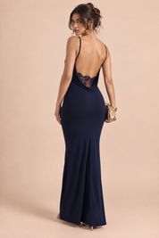 Robe longue bleu marine dos nu à col bénitier | Vue de dos | Lounelle Paris