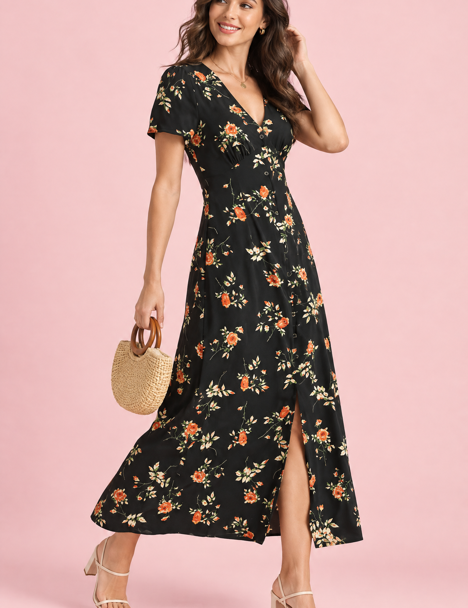 Robe noire évasée à col V | Vue de face | Lounelle Paris