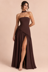 Dark Brown Asymmetric-Neck Maxi Dress