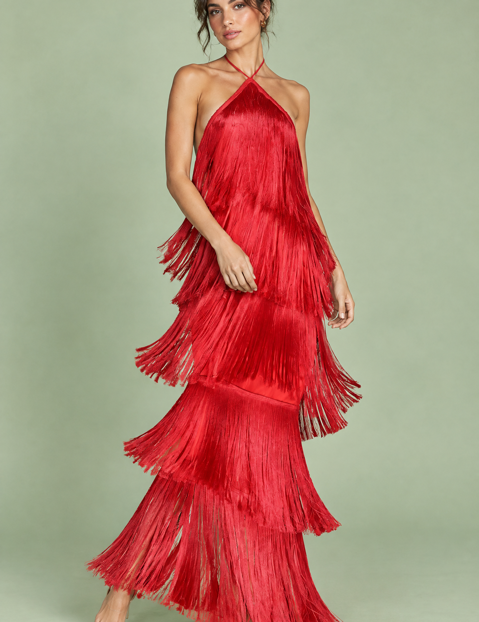 Robe longue rouge dos nu à franges superposées | Vue de face | Lounelle Paris