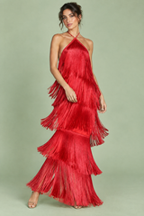 Red Halter Tiered Fringe Maxi Dress