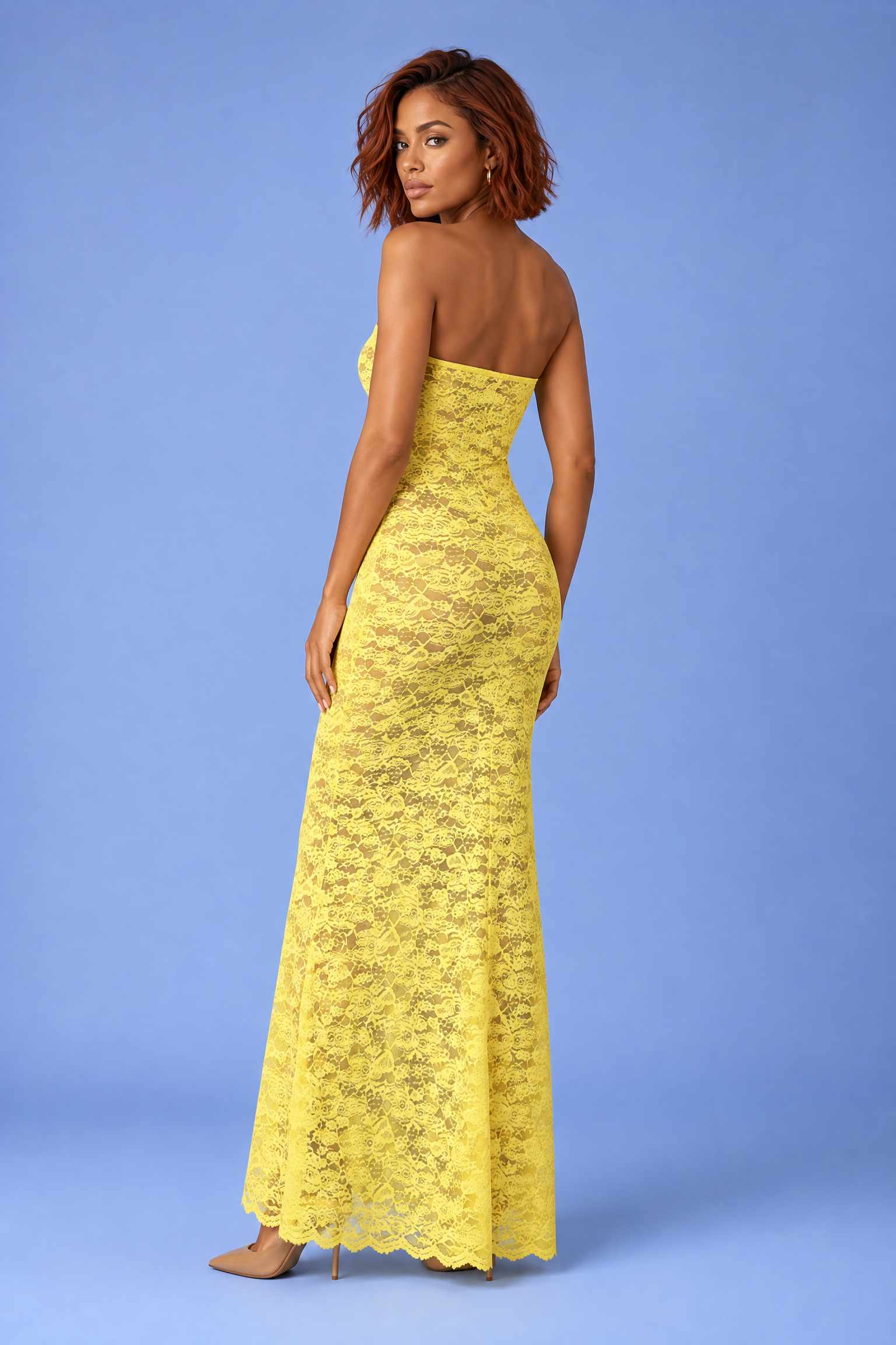Robe longue jaune en dentelle à bandeau avec détail foulard | Vue de dos | Lounelle Paris