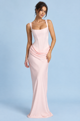 Pink Square-Neck Ruched Maxi Dress
