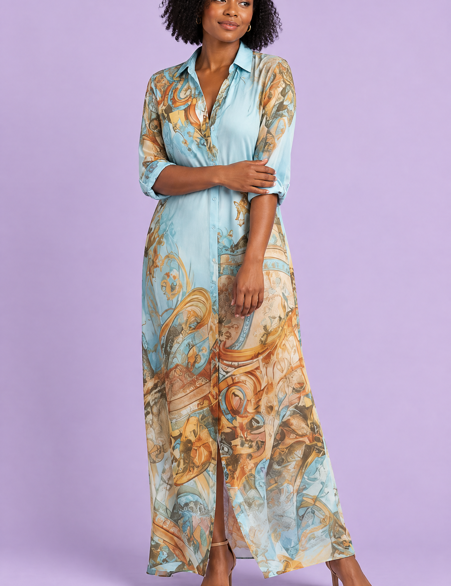 Robe-chemise midi imprimée bleu clair | Vue de face | Lounelle Paris