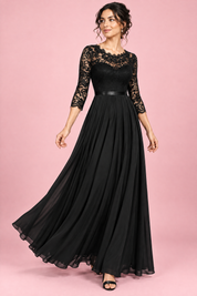 Robe longue noire à empiècement en dentelle | Vue en mouvement | Lounelle Paris