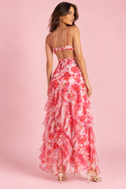Robe longue rouge asymétrique à manches cape et imprimé lys | Vue de dos | Lounelle Paris