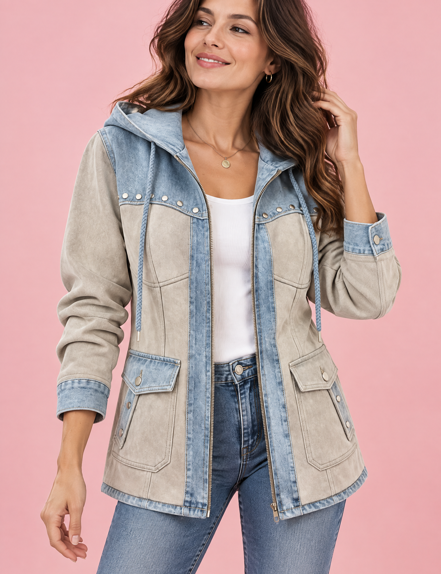 Veste à capuche beige à empiècements | Vue de face | Lounelle Paris