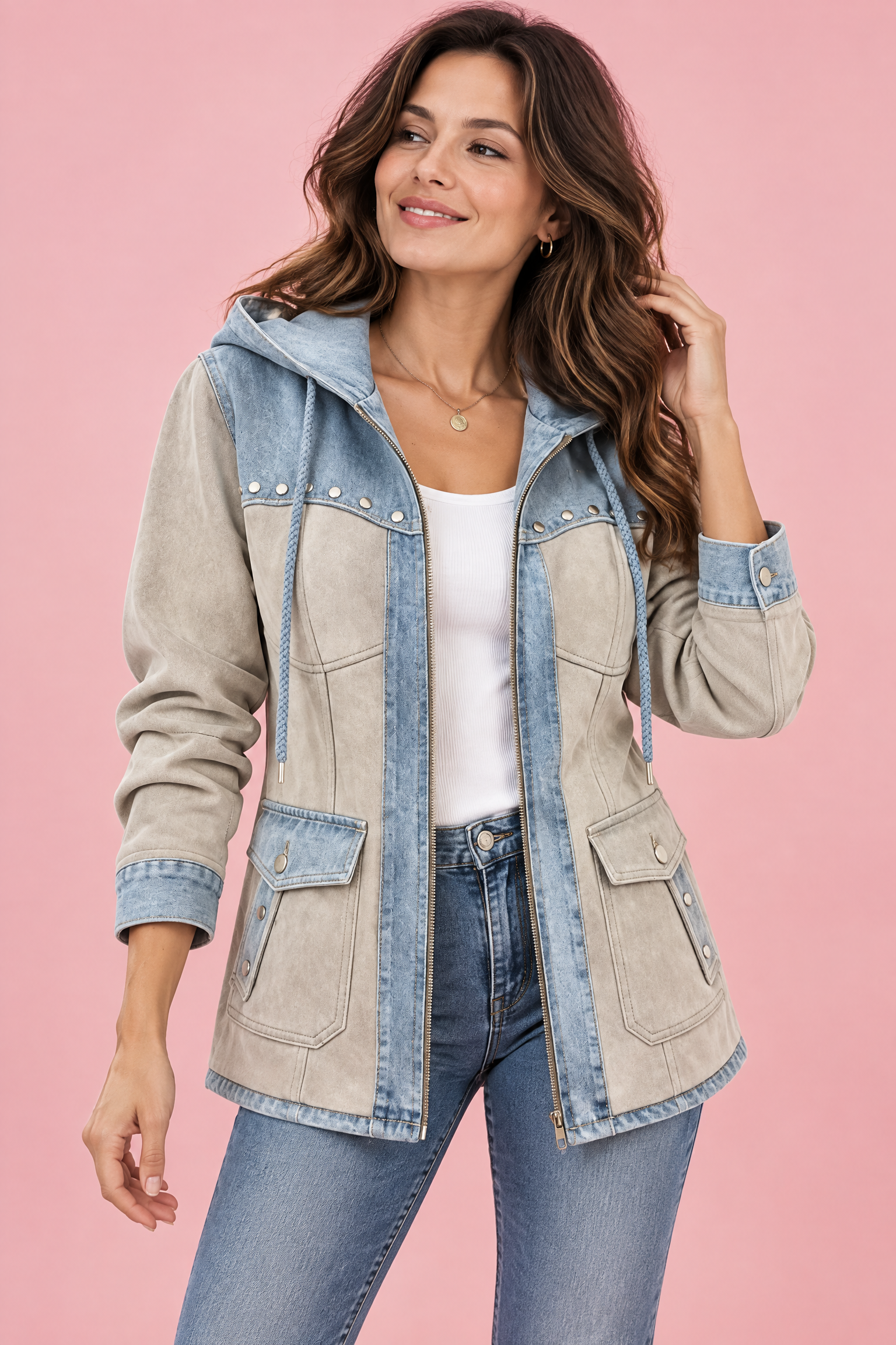 Veste à capuche beige à empiècements | Vue de face | Lounelle Paris