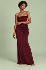 Burgundy strapless maxi dress with ruffles