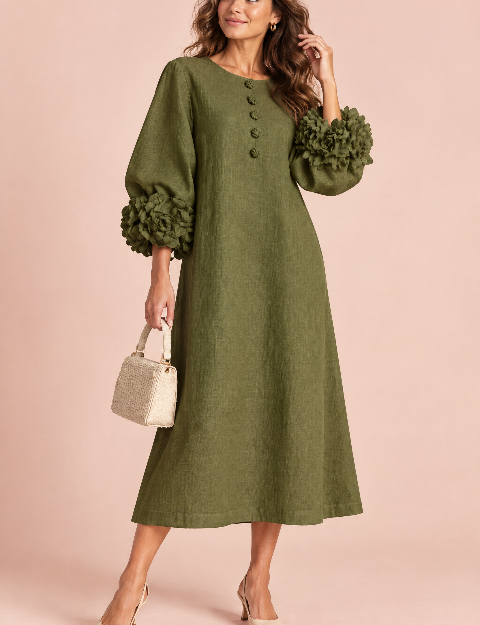 Robe midi vert olive coupe trapèze à manches bouffantes | Vue de face | Lounelle Paris