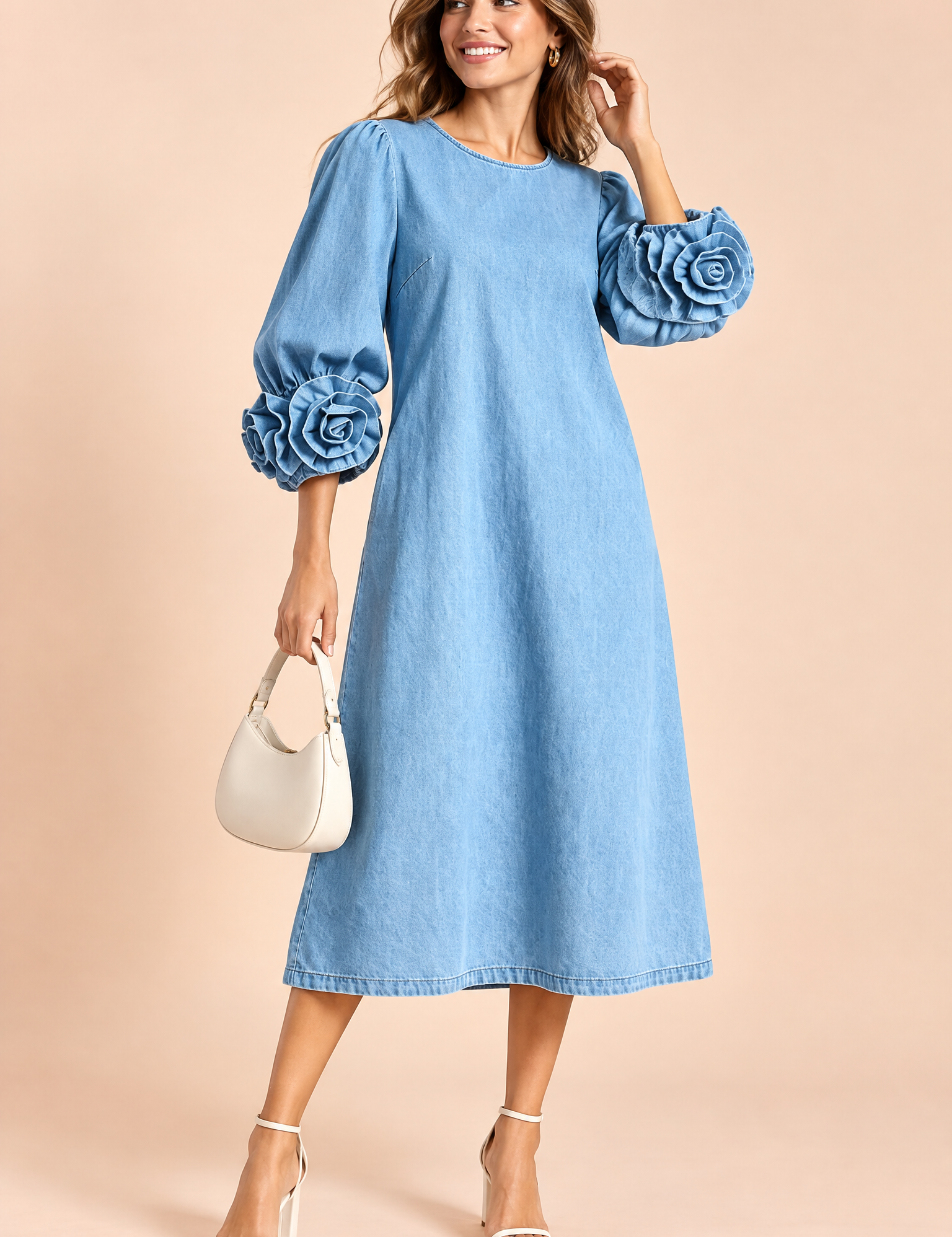 Robe midi bleu clair à manches ornées de rosettes | Vue de face | Lounelle Paris