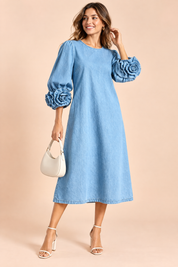 Robe midi bleu clair à manches ornées de rosettes | Vue de face | Lounelle Paris