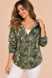 Gilet vert olive à capuche boutonné | Vue rapprochée | Lounelle Paris