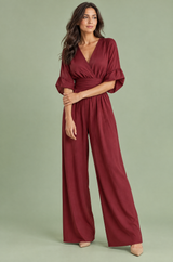 Burgundy V-Neck Wide-Leg Jumpsuit