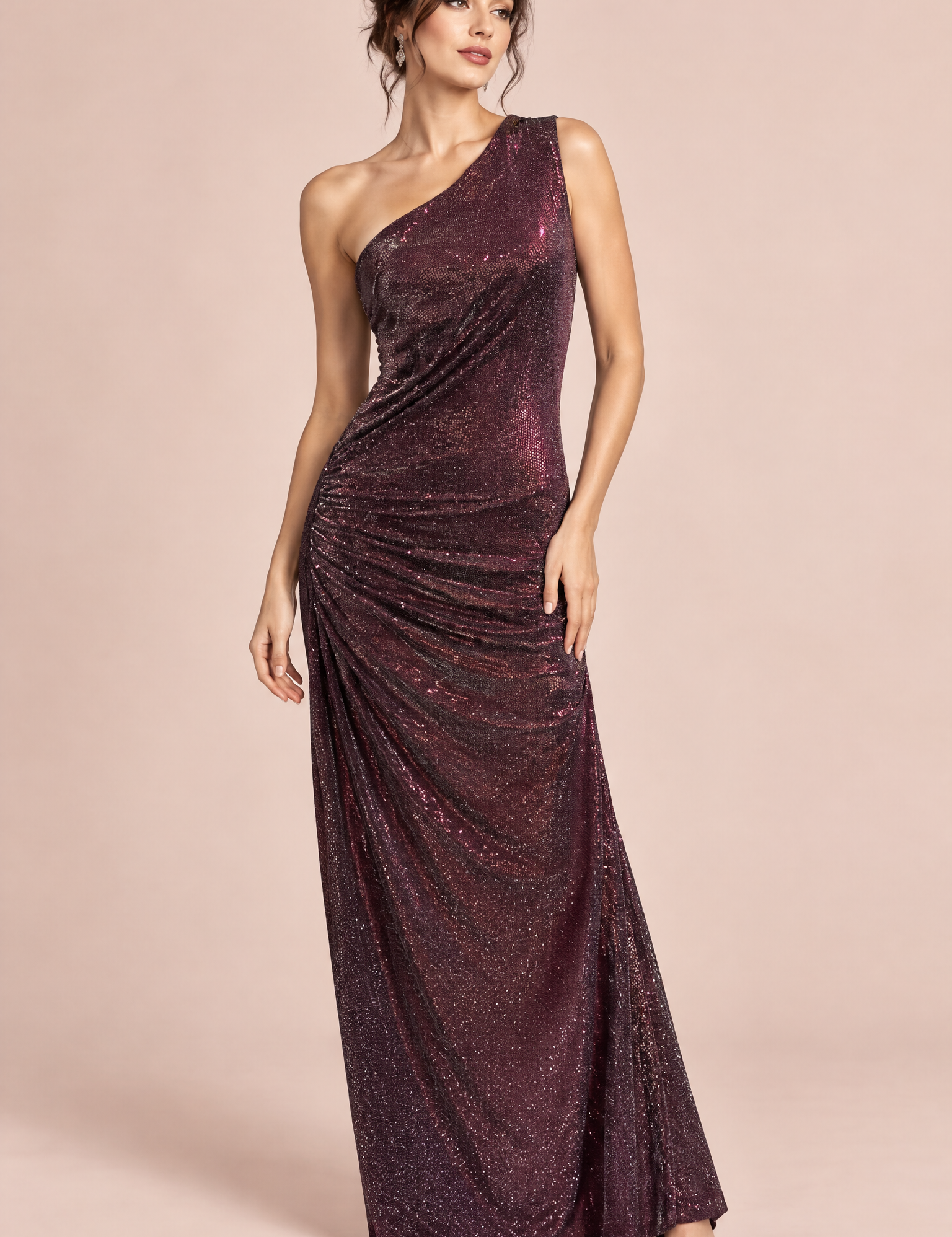 Robe bordeaux à sequins asymétrique | Vue de face | Lounelle Paris