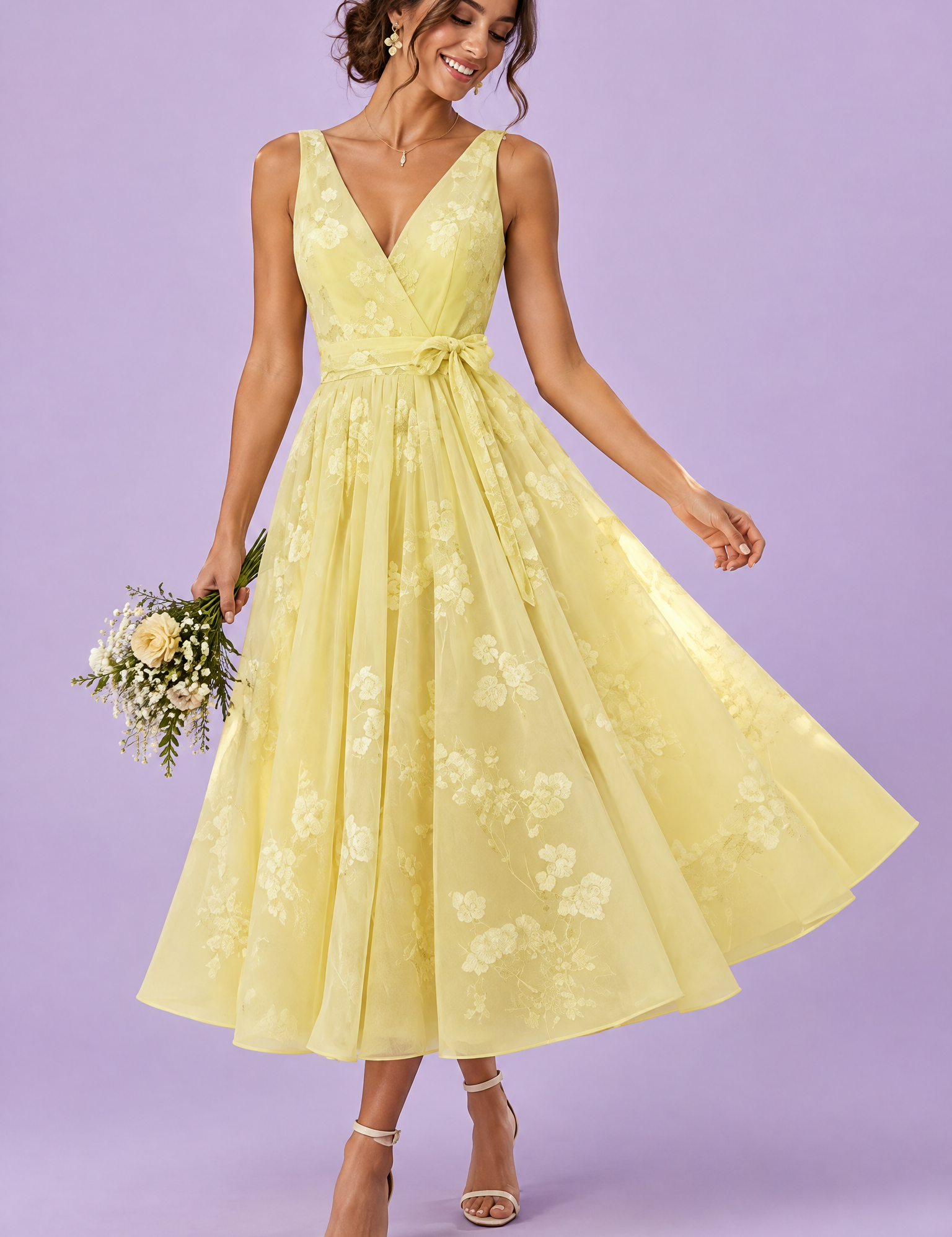 Robe midi fleurie jaune à la coupe patineuse | Vue de face | Lounelle Paris