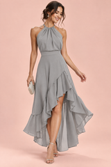 Grey Asymmetric Ruffle Halter Dress