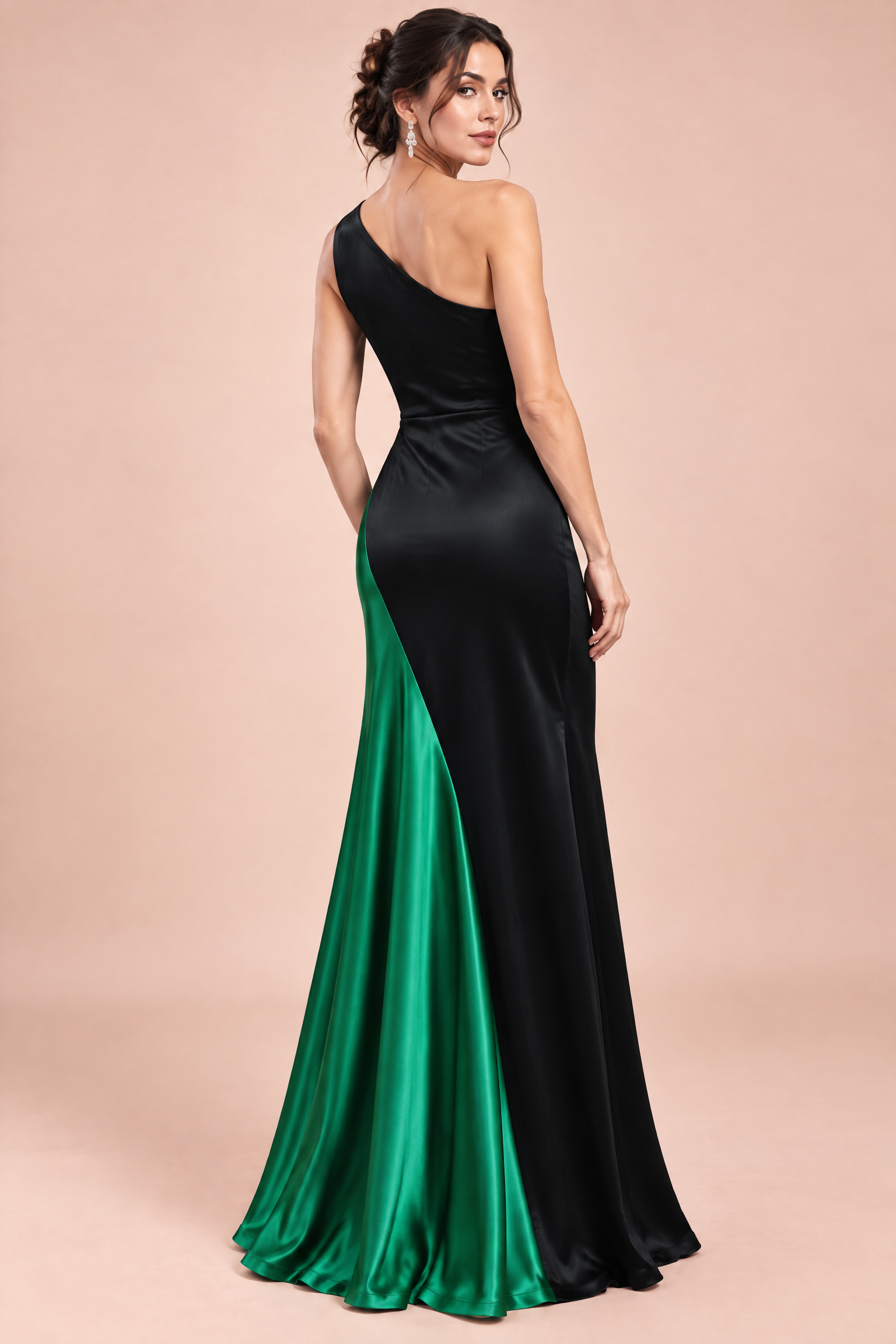 Robe longue noire et verte à une épaule | Vue de dos | Lounelle Paris