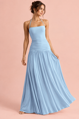 Light Blue Square-Neck Maxi Dress With Ruched-Detailing