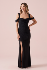 Black Draped Wrap Maxi Dress with Square Neckline