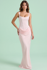 Pink Ruched Square-Neck Maxi Dress