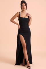 Black Square Neck Maxi Dress with Plunge Back and Side Thigh Split