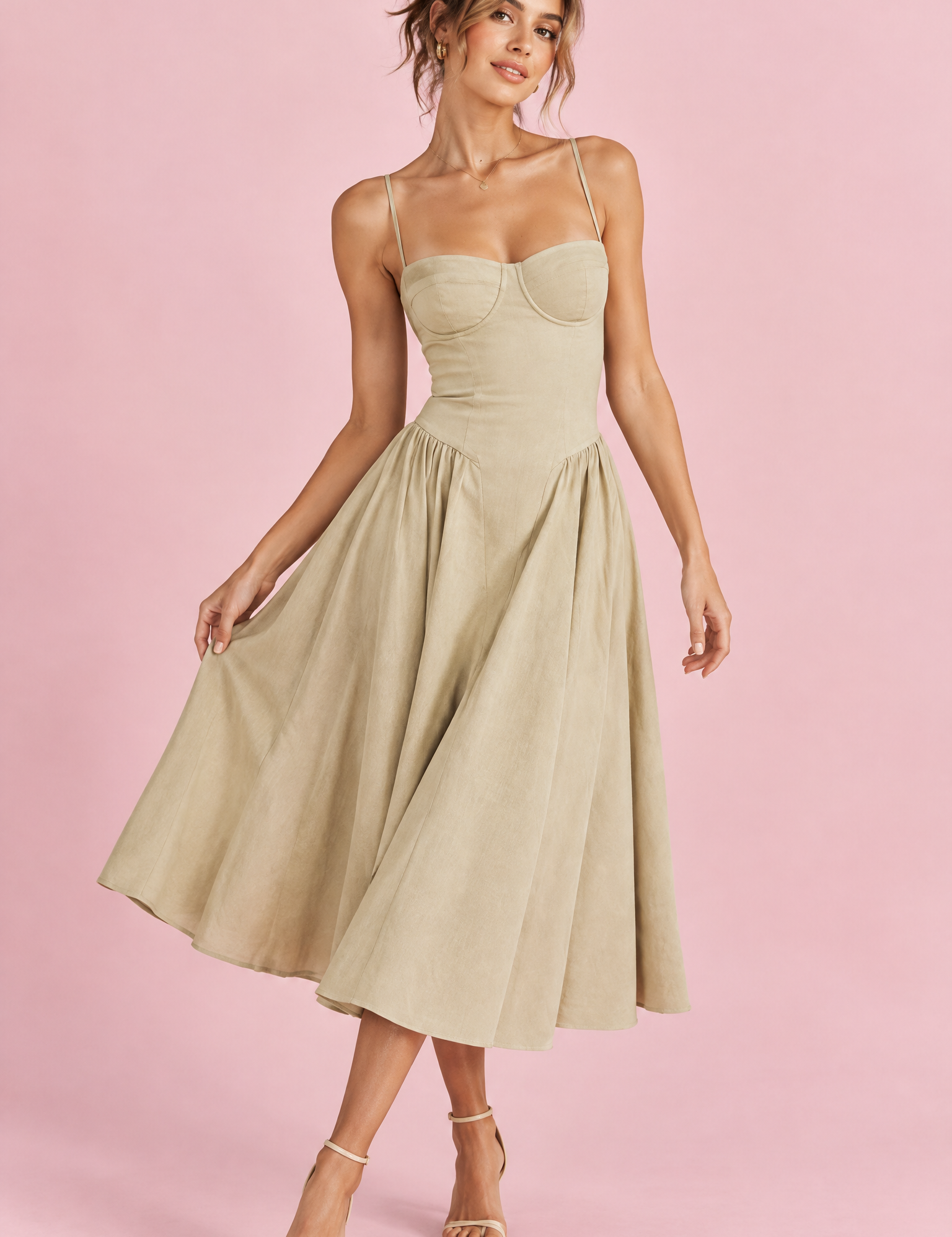 Robe bustier midi beige | Vue de face | Lounelle Paris