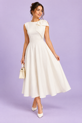 White Asymmetric-Neck Midi Dress With Bow-Sleeve