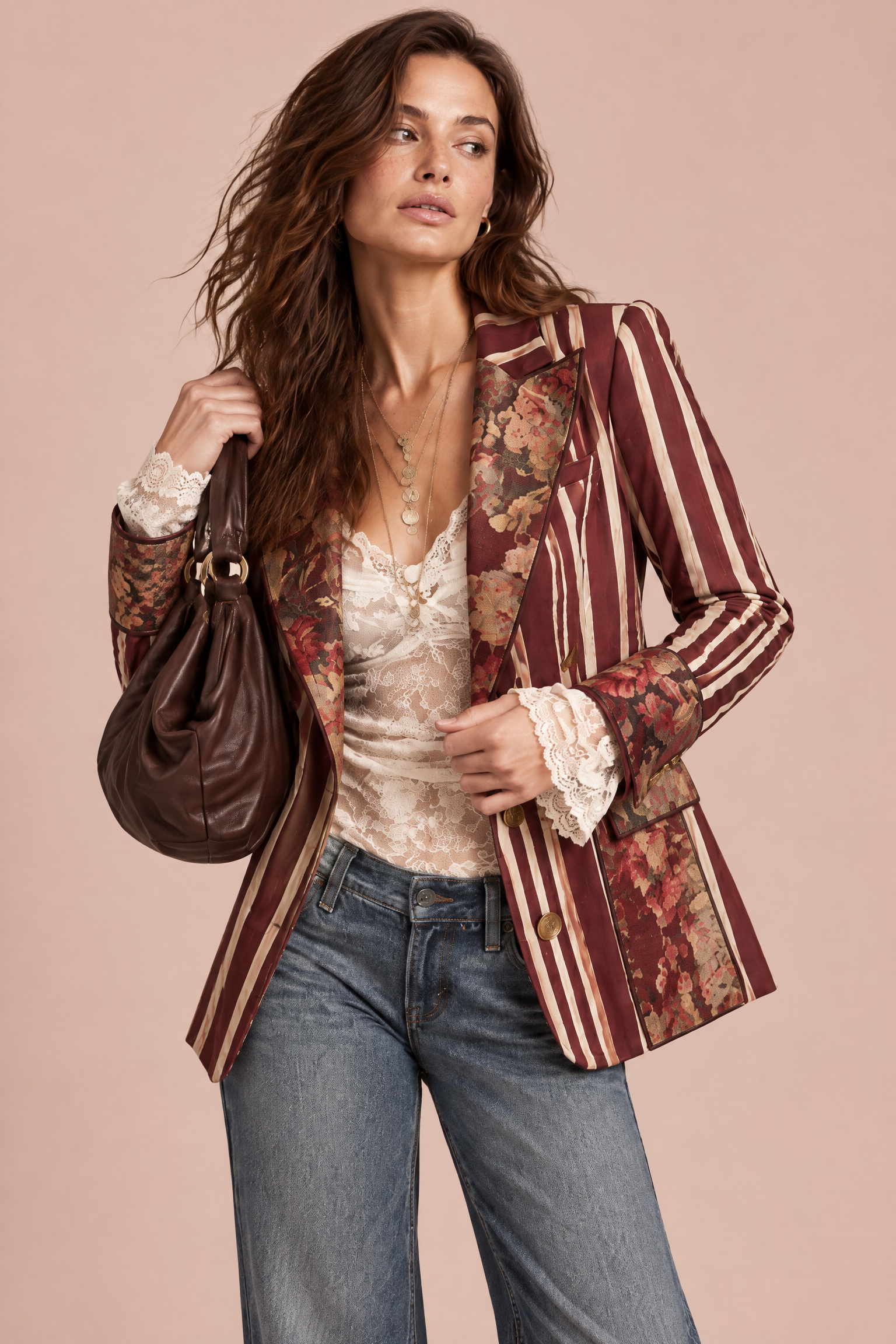 Blazer ajusté rouge à fleurs et rayures | Vue rapprochée | Lounelle Paris