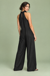 Robe longue noire à volants et encolure américaine | Vue de dos | Lounelle Paris