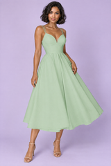 Green Strappy Volume-Hem Midi Dress