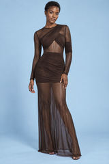 Brown Ruched Bodycon Maxi Dress