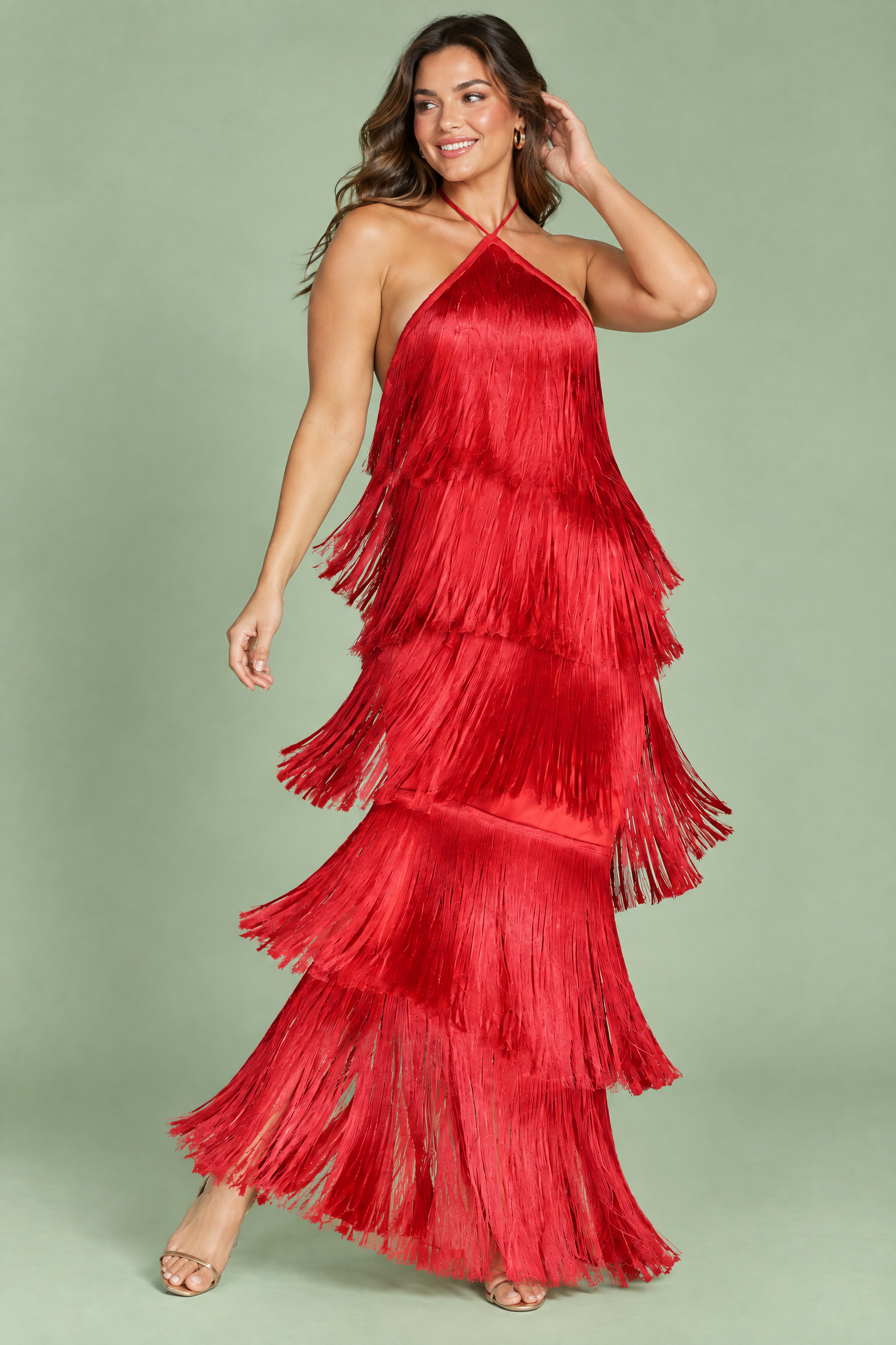 Robe longue rouge dos nu à franges superposées | Porté sur une autre silhouette | Lounelle Paris