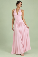 Dusty Pink Plunge-Neck Maxi Dress with Gathered Details