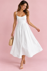 White Fit-and-Flare Pleated Midi Dress